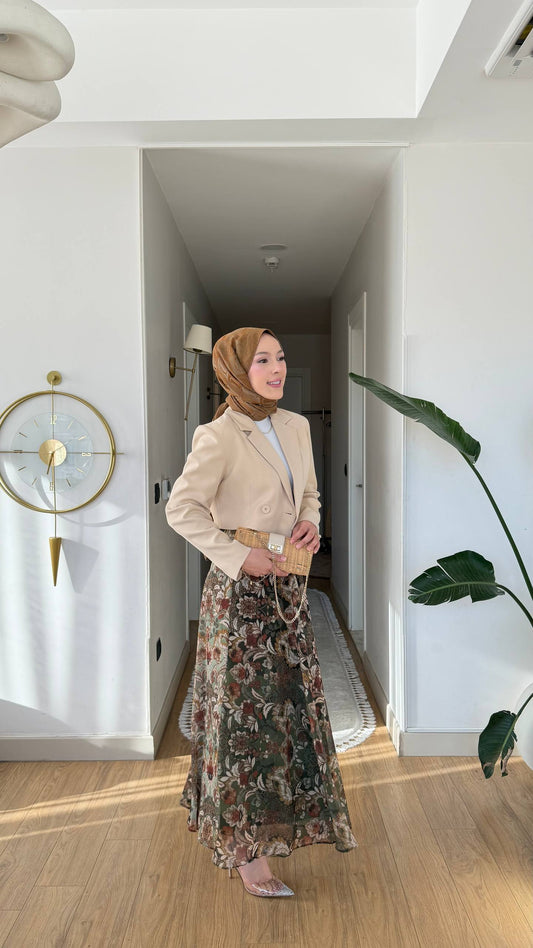 Desenli Şifon Etek Zeytin Vizon
